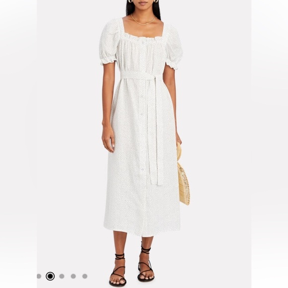 Sleeper Brigitte Linen Midi Dress White Black Polka Dots Button Front Size  M - www.erdenetinfo.mn